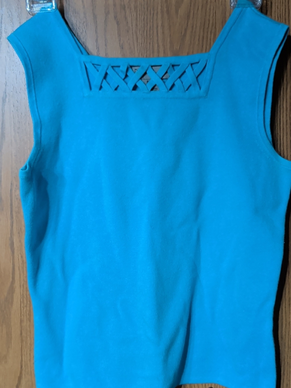 PS-Turquoise Sleeveless Knit Tank with Lattice Neckline